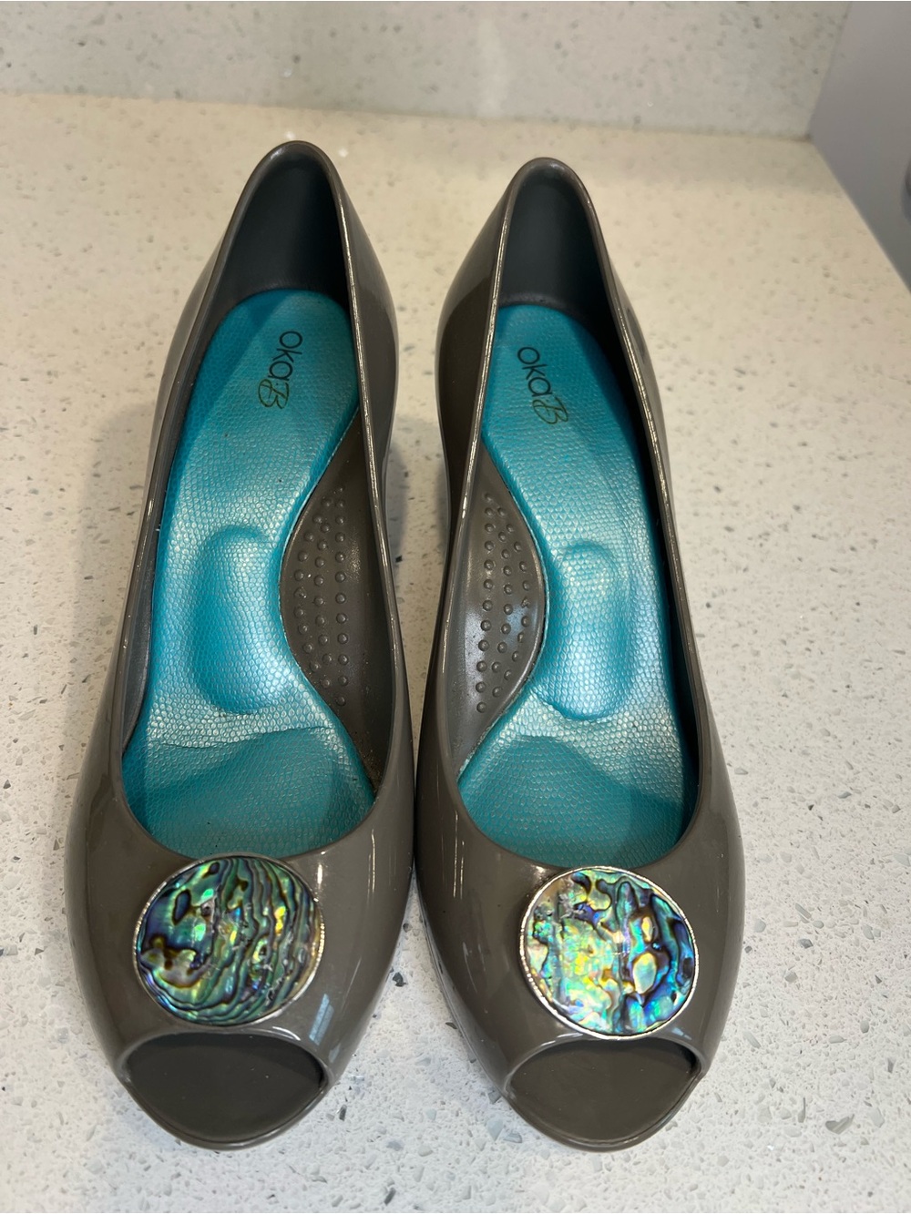 Oka-B gray peep-toe wedges size 10